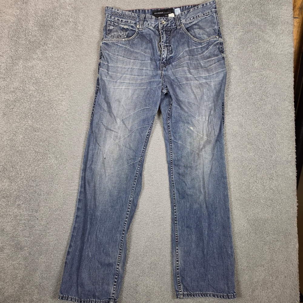 Rocawear Jeans Mens 38x34 Blue Good Y2K Baggy Embroidered Original Fit Denim - Picture 2 of 12